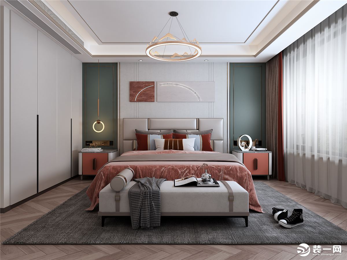 简化传统美式的家具与空间布置  使卧室显得文艺又优雅  艳丽的珊瑚橙带来满满的温暖与活力  在这里，