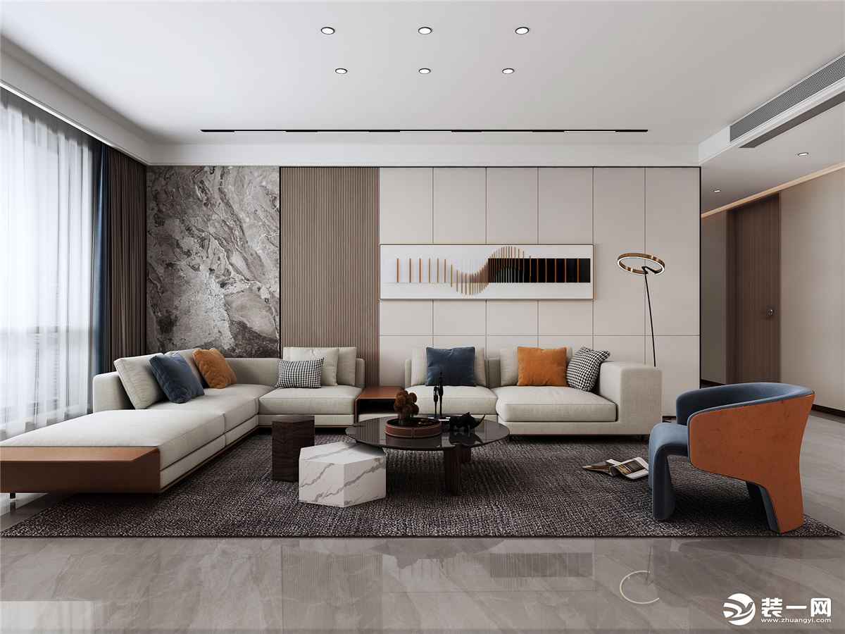  宽大的灰色布艺沙发舒适感满分  背景墙看似简单的设计  却是以多元材质的巧妙混搭组合  来凸显立体