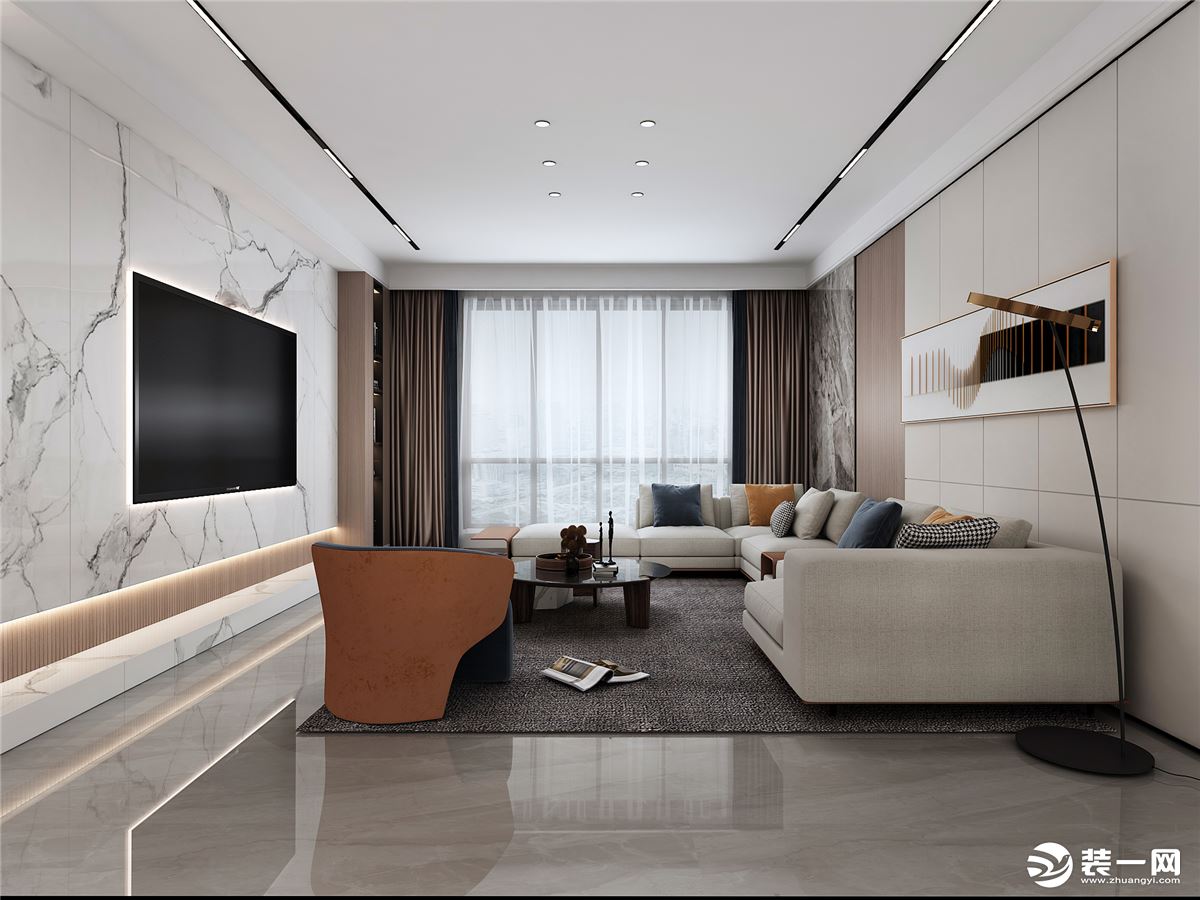  宽大的灰色布艺沙发舒适感满分  背景墙看似简单的设计  却是以多元材质的巧妙混搭组合  来凸显立体