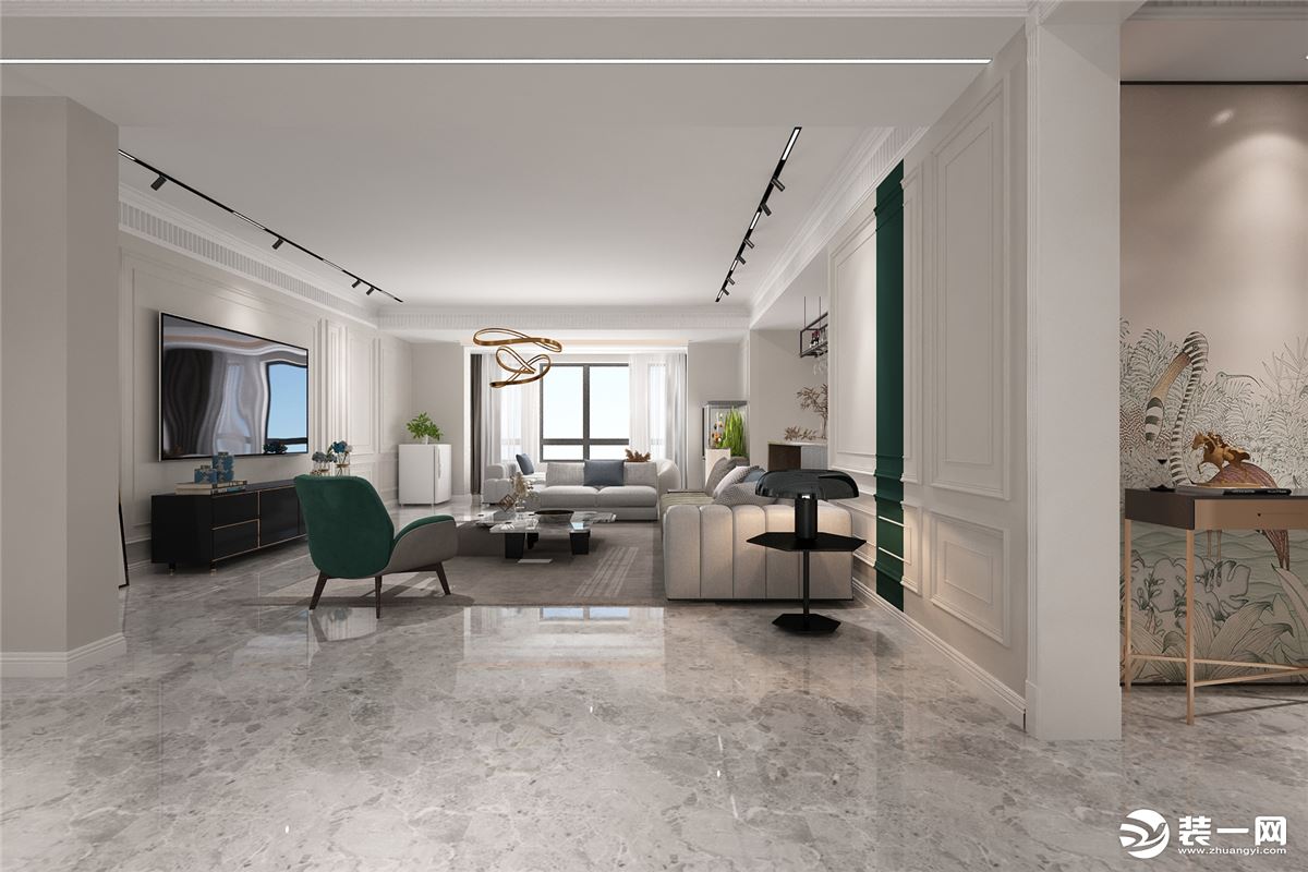 简单舒适的客厅布局，毫无堆砌之感  灰白色系之下，唯一的点缀是优雅复古绿