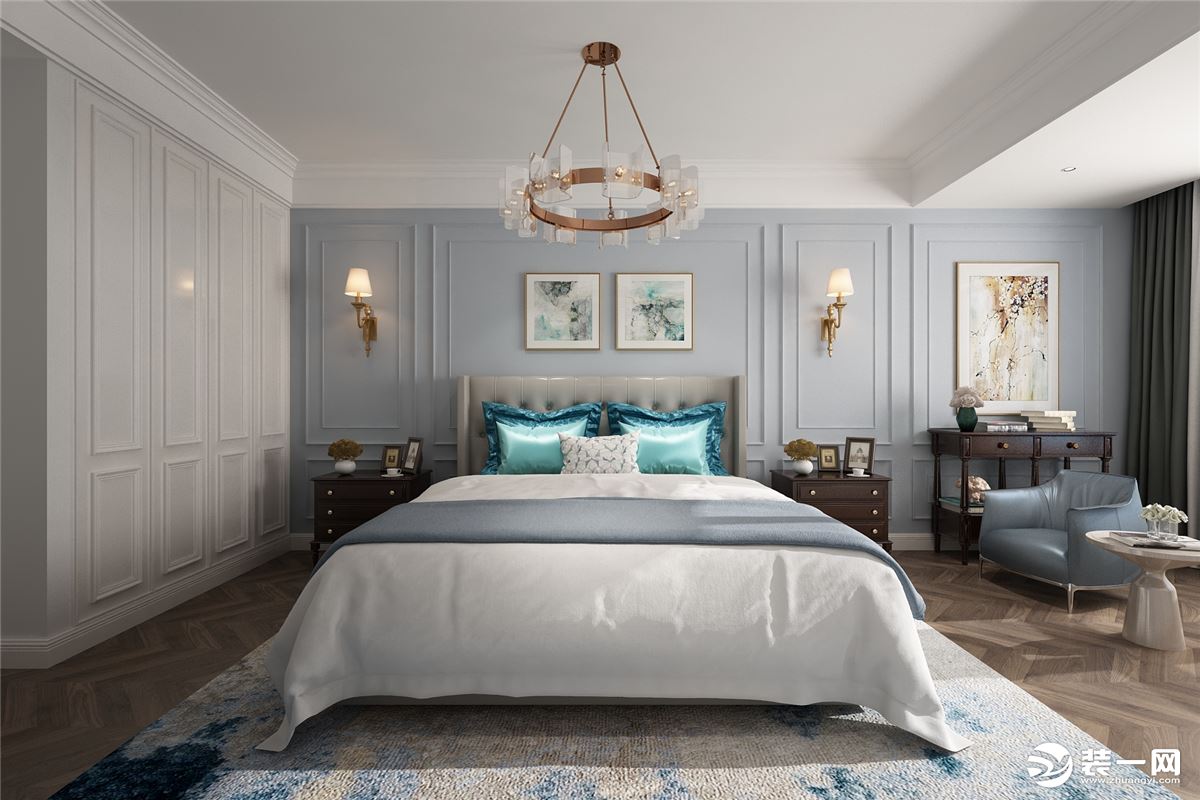 卧室的设计不浮夸繁杂  清淡近人的颜色只为自然舒适  以材质和造型将美式与轻奢浓缩其中
