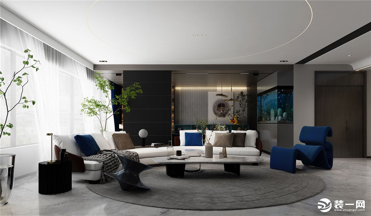 宽敞的大客厅，无主灯设计，过目难忘  个性十足的宝石蓝单椅与白色弧形沙发的视觉撞击  丰富空间层次感