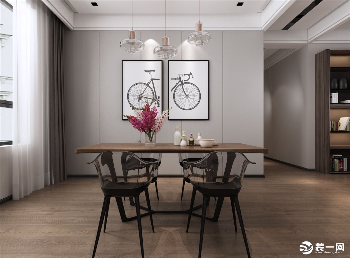 灰色护墙板搭配具有醇厚质感的餐桌，散发着成熟内敛的气息。