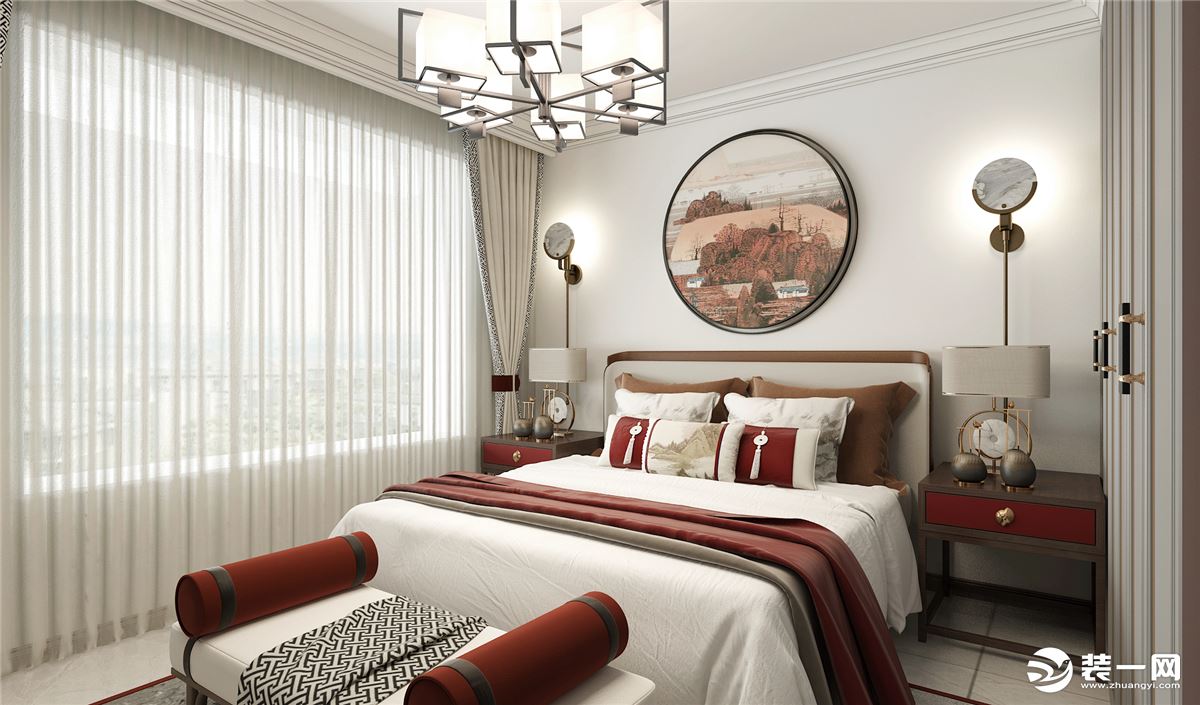 卧室居室内，有着中式婉约的气质，白色沙质窗帘的设计，将采光做的极好，推开窗便是一片宁静的好景致。