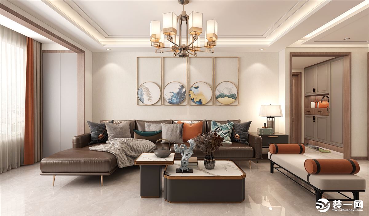 客厅空间里现代简洁的转角沙发、兼具收纳与陈设的展示架、木作和皮革拼接的组合茶几