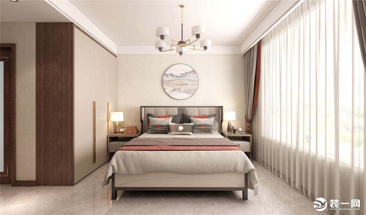 卧室浅米色搭配深色木色点缀，现代和古典的结合相得益彰，温馨淡雅。