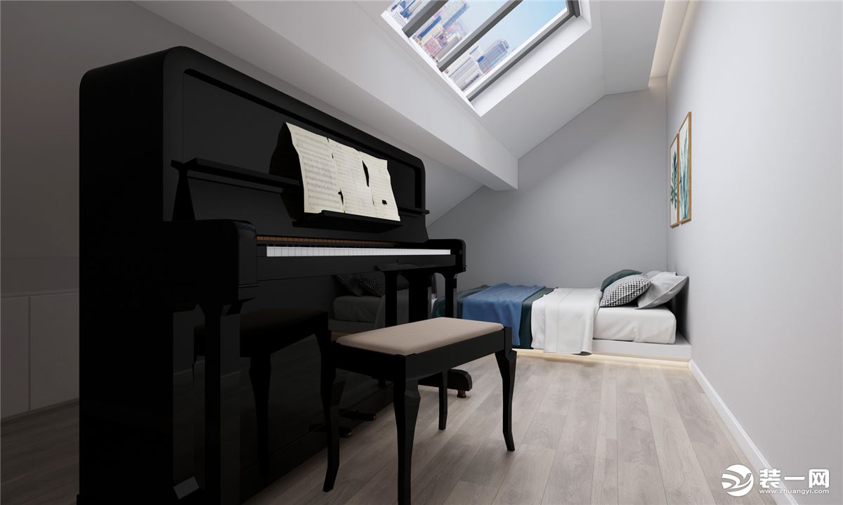阁楼一角也被利用起来放置钢琴与卧床