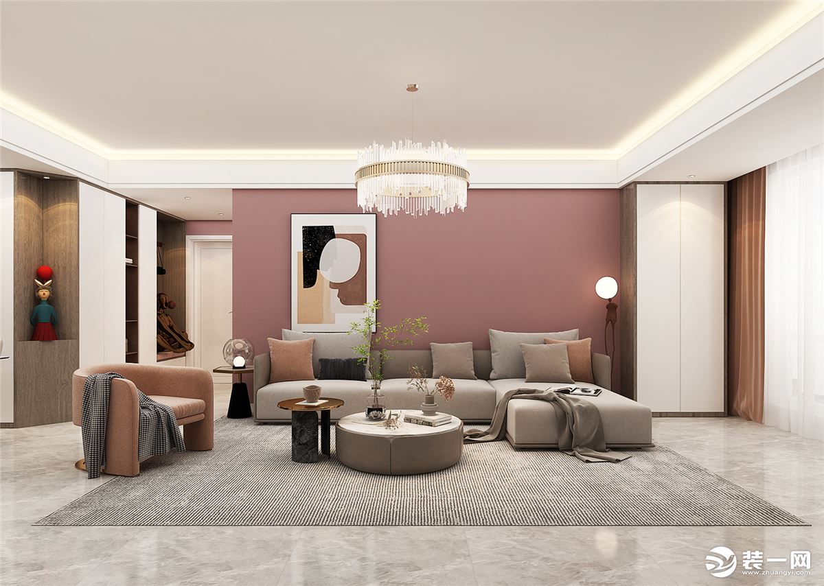 暗粉色沙发墙令人印象深刻，瞬间成为客厅装修的焦点。