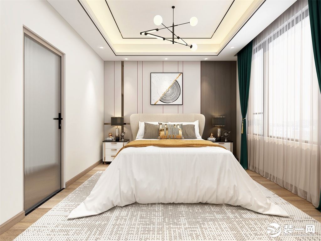 卧室以大面积温馨雅致的浅色系为基调，深青色做点缀，铺叙气质优雅的样貌