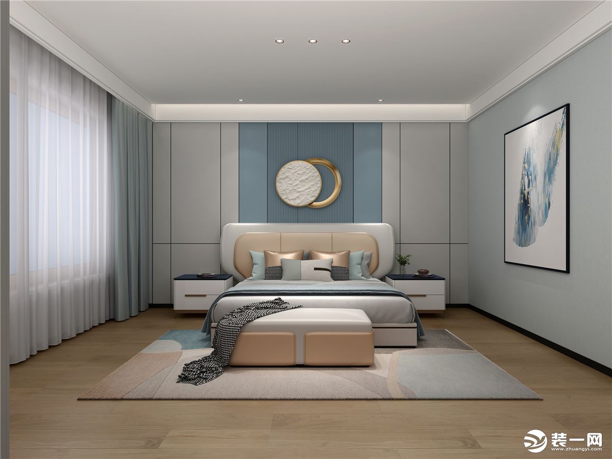 素色元素的搭配，立面层次的运用，加之软装的色彩点缀，提升卧室空间的韵味，营造温暖安逸的休息环境。