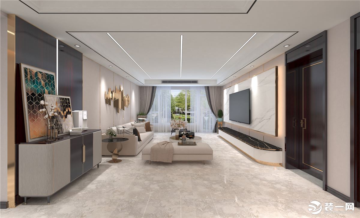 米色系墙面奠定温馨浪漫的空间格调，乳白色沙发与电视柜呼应，柔和温润。