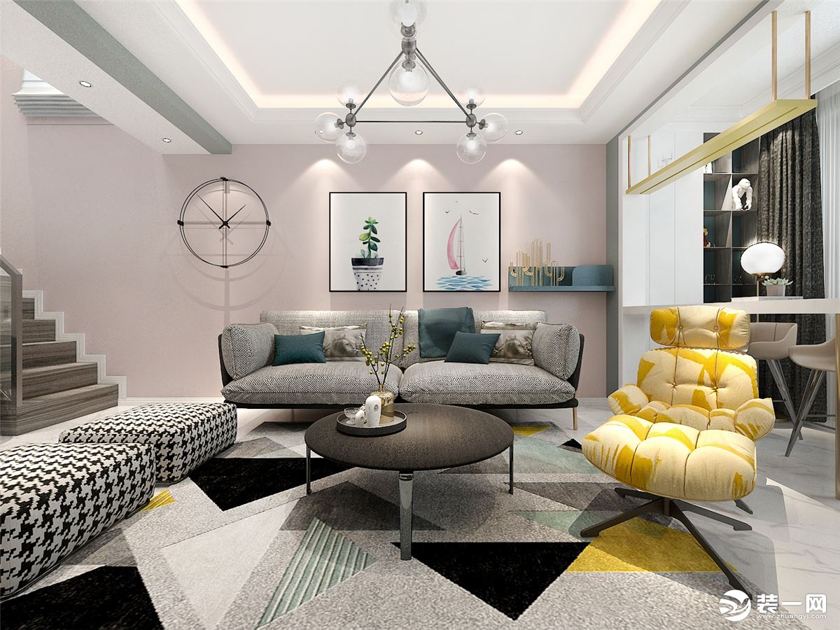 黄色肌肉椅为空间整体增添生气，衬以柔和的粉色背景，搭配灰色软装，打造舒适又有质感的会客空间；让客厅的