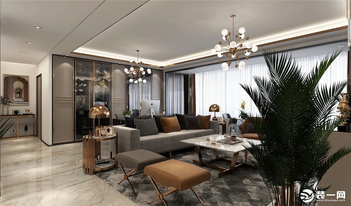 客厅以灰色与香槟色为基础色调，干净明快 灵动的金属光泽巧妙地塑造了客厅的空间感。