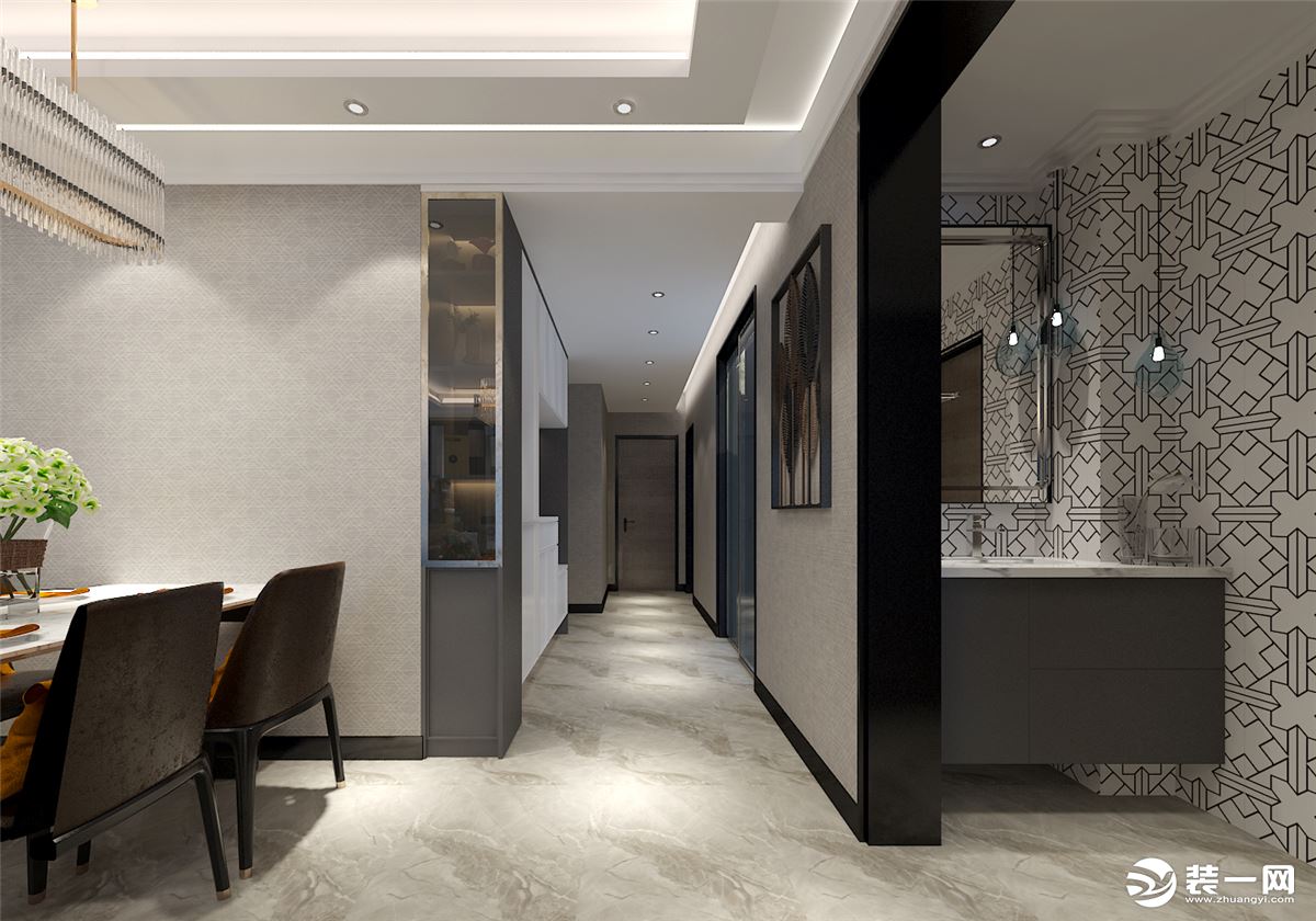 卫生间干湿分离的设计方便使用，几何图案瓷砖搭配简约吊灯，带来干练时尚的现代空间感。