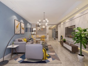 客厅以蓝色与白色为基调，灰色布艺沙发搭配暗色菱形地毯与米色地砖相结合，给人带来一种温馨自然的既视感。
