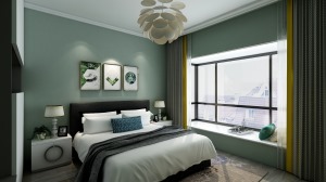 主卧采用墨绿色，以白色柜体衬托，体现出主卧的温馨舒适的感觉。