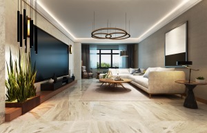 客厅以米色地砖与灰色墙面搭配，使客厅具有温馨舒适的感觉，使视觉舒服。