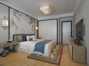 蓝色床摆以及饰品的点缀，可以使空间彰显高贵优雅的气息，也保持了空间色彩的整体平衡。