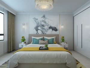 主卧床头采用简单大气的整副壁画，可以使用各种象征意义强烈的壁画，例如马，树，竹等。