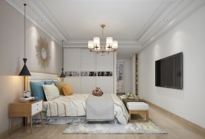 主卧室床头用淡粉色硬包处理，给客户一个年轻时尚的家。