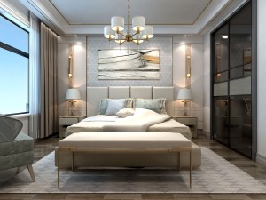 灰白地板个性又好看，视觉效果更佳。吊灯和床头柜都用金色作为点缀，淡淡的轻奢感。