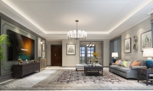 家具的尺寸、材质、色调来挑选搭配软装，使得客厅的整体环境和谐统一，体现出美式家居的魅力。