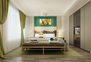 世茂悦海 144㎡ 现代简约风格 主卧设计 简单的双人床，自然清新的绿色，简直就是一个完美的睡眠舒适