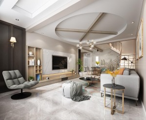 海珀兰轩复式165㎡现代时尚客厅装修设计，浅灰色家具和自然木材质的搭配温暖又不失高级感，营造出静逸雅