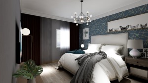 在宽敞的主卧里，木质材料从地板到家具，烟灰色床品，床头装饰性吊灯相辅相成，整个居室空间好似意境悠远，
