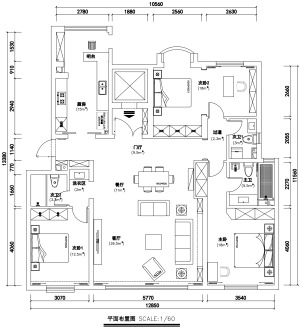 天山熙湖142㎡新中式平面布置图，户型方正整体均衡，客厅与双卧室朝南，动静区与基本功能合理。