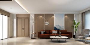 天山熙湖144㎡极简客厅装修设计，浅灰色家具和自然木材质的搭配温暖又不失高级感，营造出静逸雅致的空间