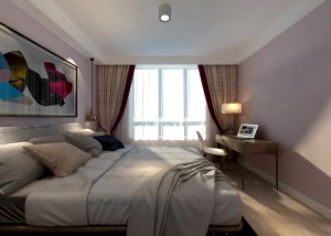 三室两厅新房装修：主卧以浅粉色壁布铺陈，让人倍感浪漫温馨。