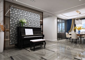 银川装修：黑色钢琴在马赛克背景墙的映衬下，层次分明，时尚中透着高级质感