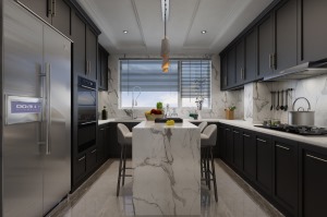 银川装修： 厨房的设计结合西厨的设计，设置了中岛台，合理规划了功能区的分布。