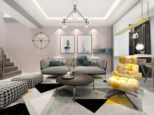 银川装修：黄色肌肉椅为空间整体增添生气，衬以柔和的粉色背景，搭配灰色软装，打造舒适又有质感的会客空间
