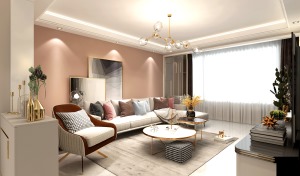 这套婚房的装修设计从入门开始以烟粉色墙面为主调延伸到客厅，保持空间颜色的连贯性。