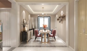 餐椅色彩与客厅相呼应，香槟色是点缀整个婚房空间的功臣，于细节处彰显优雅，温柔又不失张力。