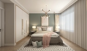 卧室作为婚房中个性私密的专属空间，装修设计以饱和度偏低的米色和灰色作为大面积的背景色