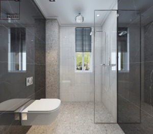 卫生间的装修设计以简洁明亮为主，黑底白纹瓷砖，与整体空间的装修调性相呼应。