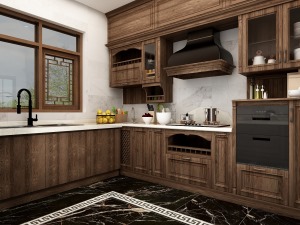 象牙白台面、原木柜体、深色地砖，形成视觉上的层次对比，让整个厨房的格调大大提升。