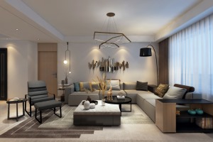 银川现代风格客厅装修沙发墙以金属装饰简单亮眼的姿态填补沙发墙的空白，无声地诉说着高雅低调的空间语言。