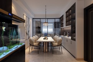 银川现代风格餐厅装修的餐桌选用了大理石长条形，配上软布餐椅，简约干练，将居家生活的随适感完美展现。