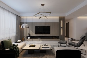 这套轻奢风格装修设计的客厅注重功能性和实用性，简洁清秀的家具形态遵循了舒适居家的生活理念