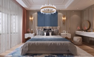 主卧室从整体用色及造型都在延伸美式装修风格的整体基调，层级吊顶拉高视觉效果，带来朗阔大气的空间感受。