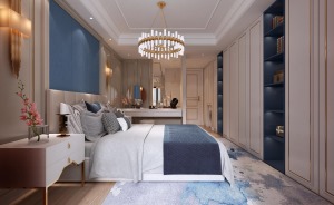 美式装修风格中经典的丹宁蓝为空间注入了静谧的氛围，彰显睡眠属性，不同色彩的搭配让空间层次分明有活力。