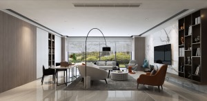 客厅装修通铺灰色地砖，加以绝佳的采光，让家有了“透气”感，一把橙色单椅，成为进门的第一道亮点。