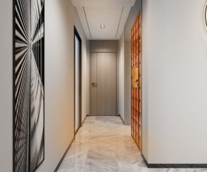 走廊作为连接各空间的枢纽，以大幅黑白艺术画塑造整体空间感。