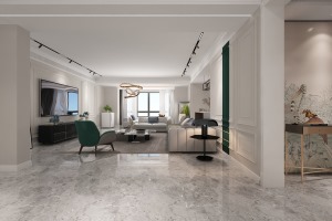 简单舒适的客厅装修布局，毫无堆砌之感，灰白色系之下，银川装修公司昌禾装饰以优雅复古绿作为唯一的点缀。