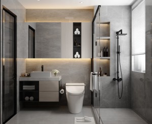 壁龛不仅让洗浴用品有了容身之处，设计造型上还与墙面融合在一起，达到空间的整洁统一。