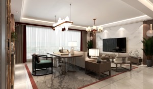 客厅处处可见的中式元素，散发出古典的气质，开阔通透的空间格局，搭配简洁清秀的线条，让客厅更具现代感。